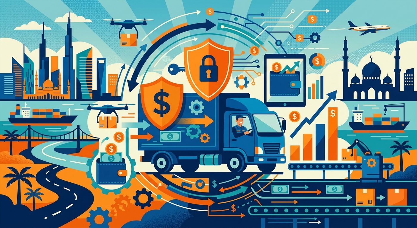An editorial illustration representing secure and automated cash flow management for shipping and logistics companies in the MENA region.