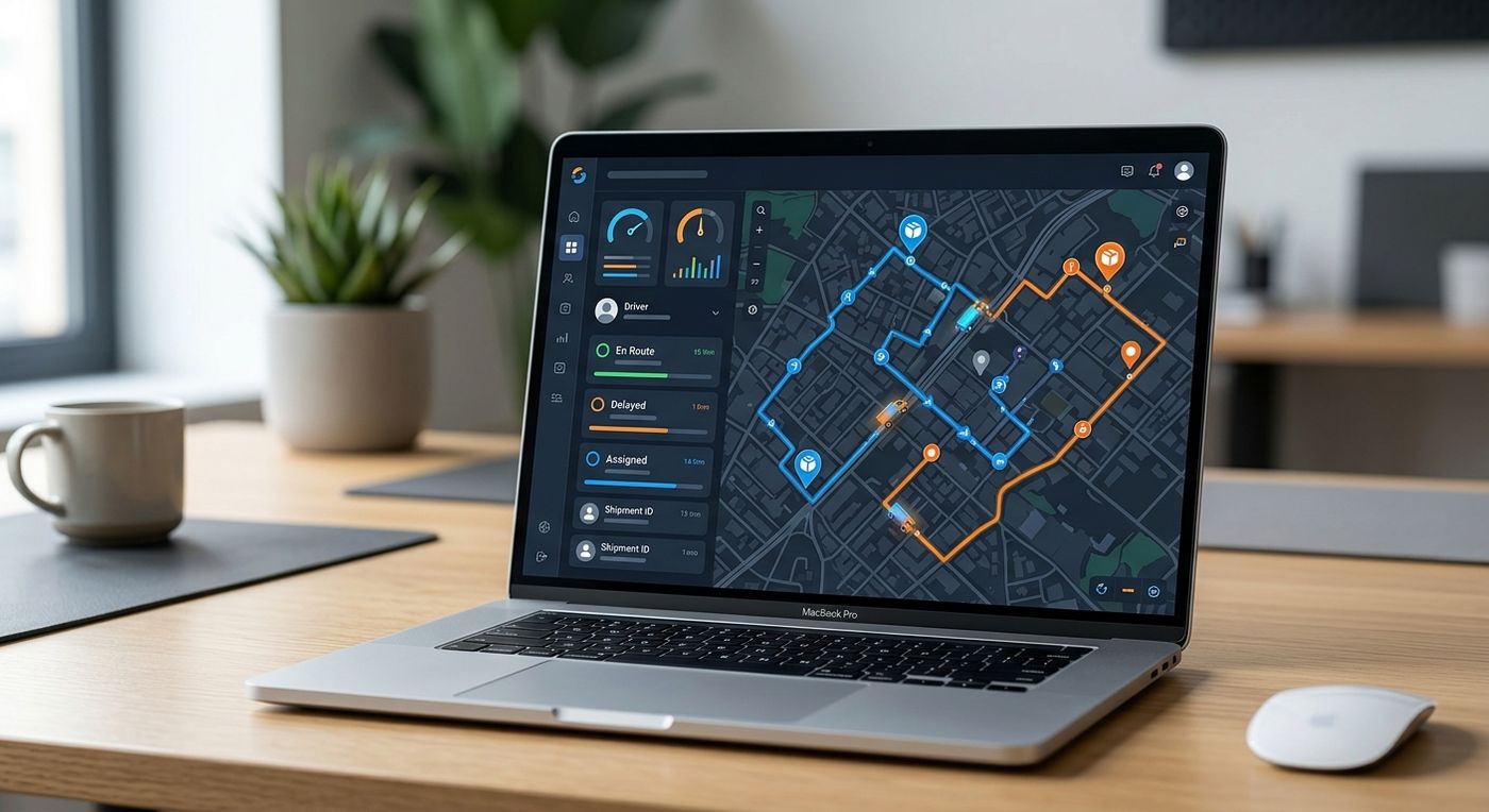 A modern laptop displaying the last mile route optimization software dashboard with map routes and driver capacity limits.