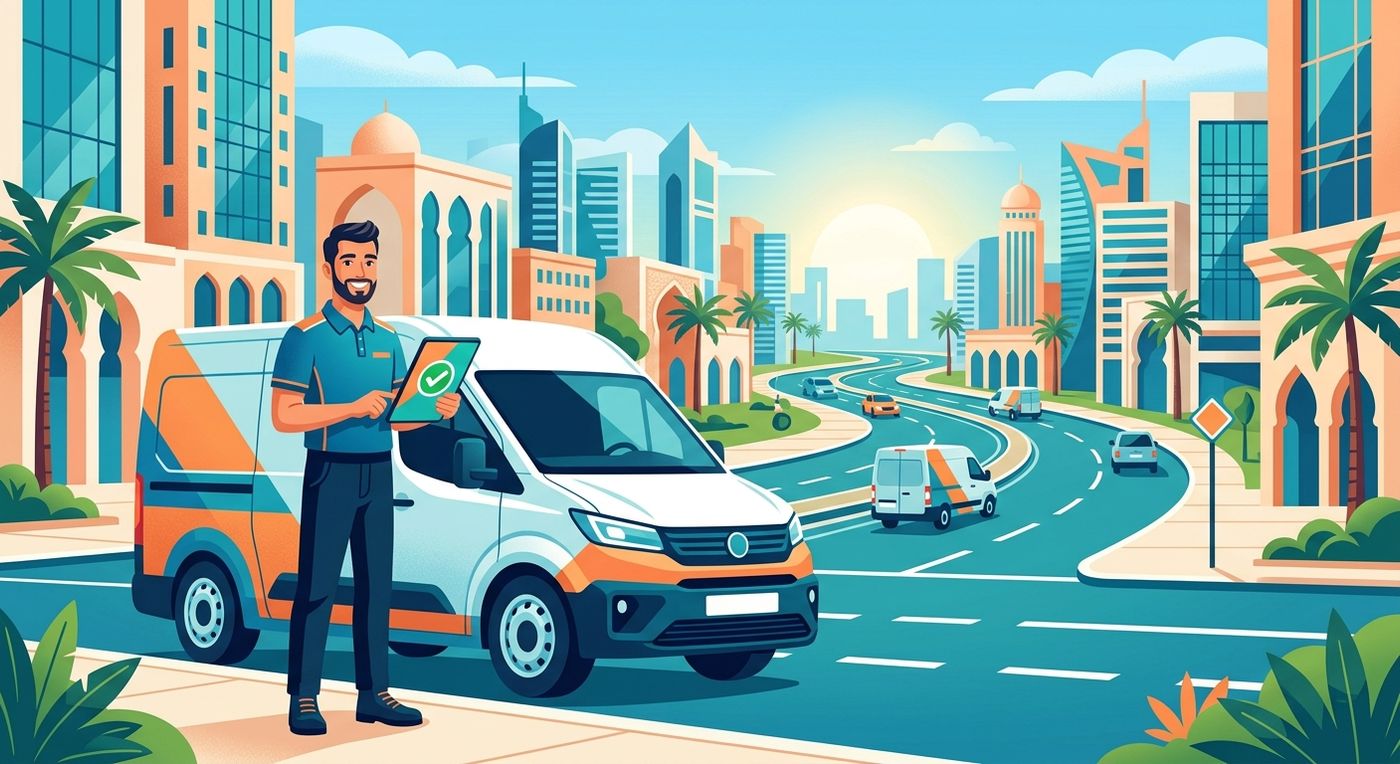 Editorial illustration of a relaxed delivery driver with an optimized route plan, representing reduced fatigue and efficient fleet operations.