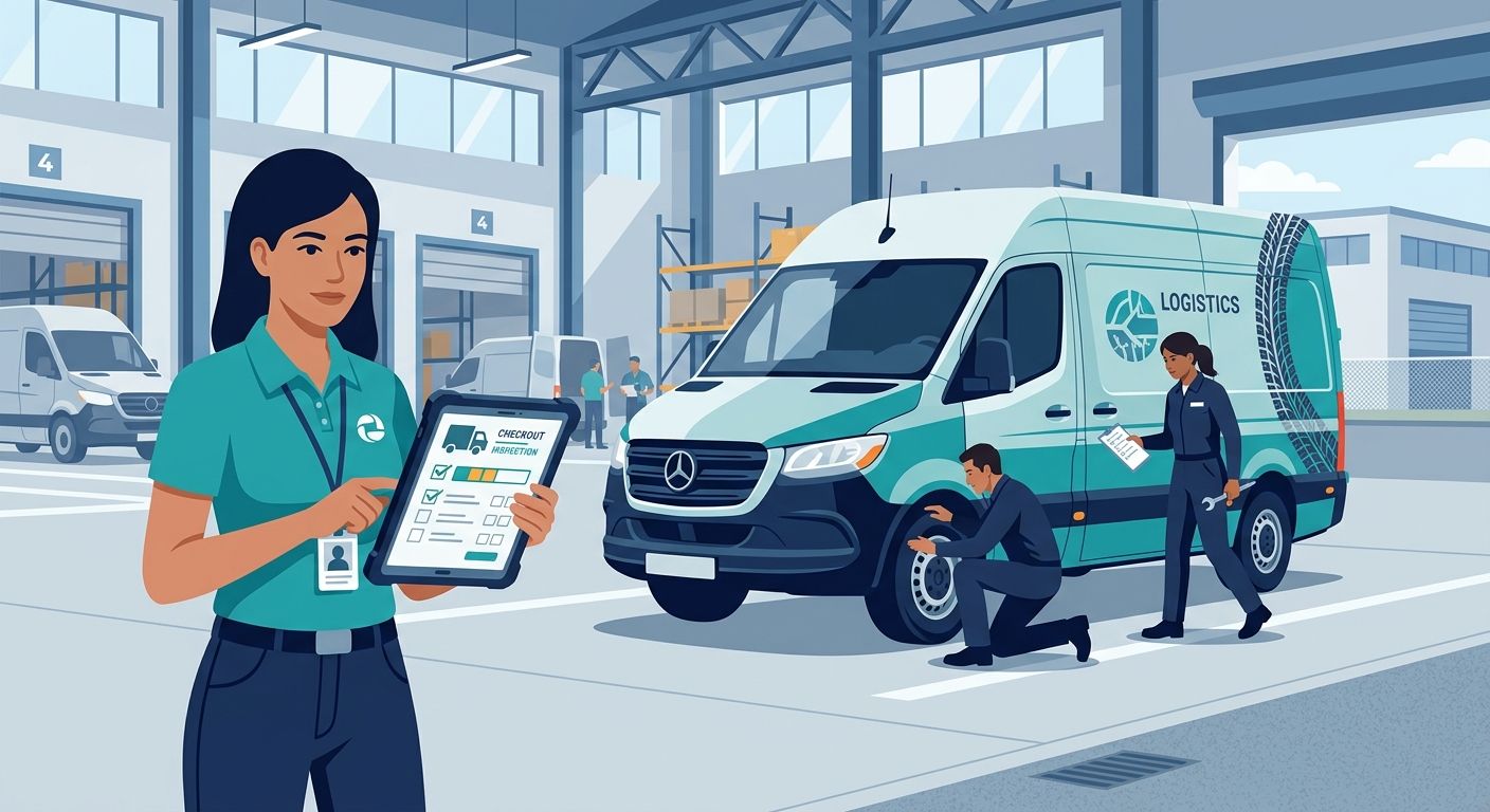 An illustration of a fleet manager using a digital checklist app to inspect a delivery van in a logistics depot.