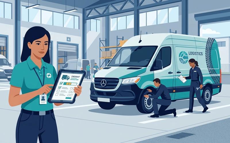 An illustration of a fleet manager using a digital checklist app to inspect a delivery van in a logistics depot.