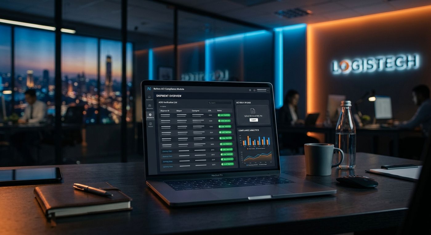 عرض لوحة تحكم برنامج شبركس لإدارة توافق نظام نافذة للتسجيل المسبق للشحنات على شاشة كمبيوتر محمول، يوضح العمليات الجماعية وتتبع حالة أرقام تعريف الشحنات.