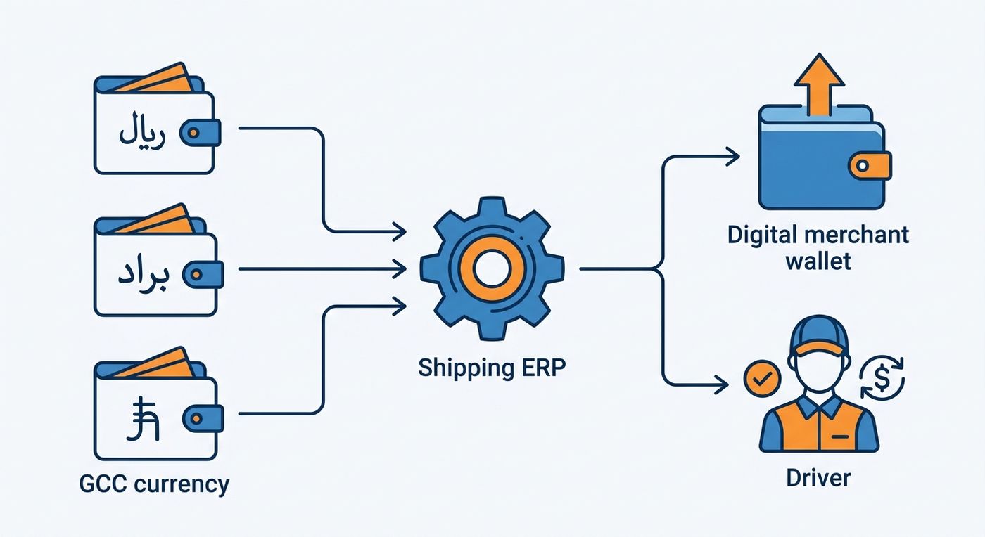 Technical flowchart diagram illustrating the automated multi-currency COD reconciliation and driver payout process in a logistics ERP.