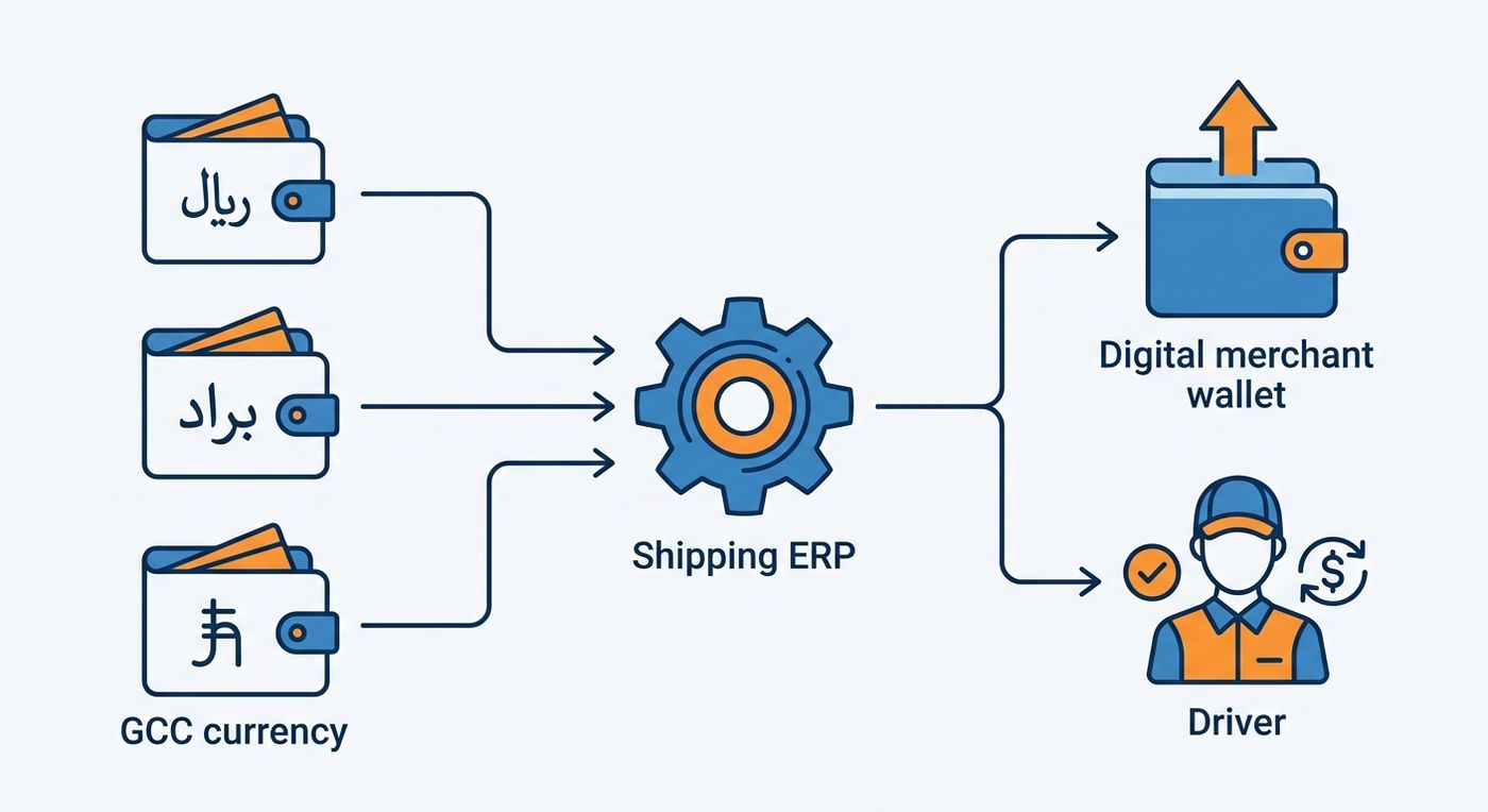 Technical flowchart diagram illustrating the automated multi-currency COD reconciliation and driver payout process in a logistics ERP.