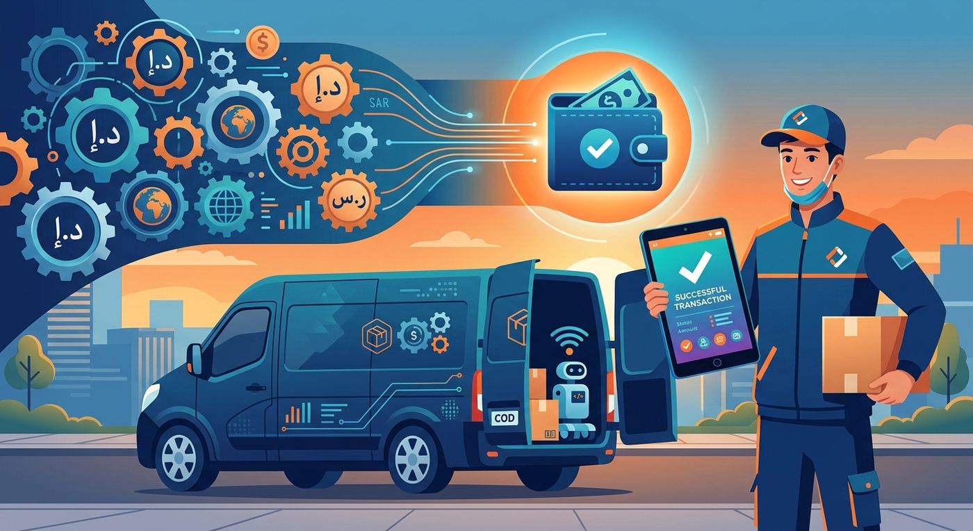 An illustration showing automated COD management logistics and seamless driver commission settlement system in the GCC.