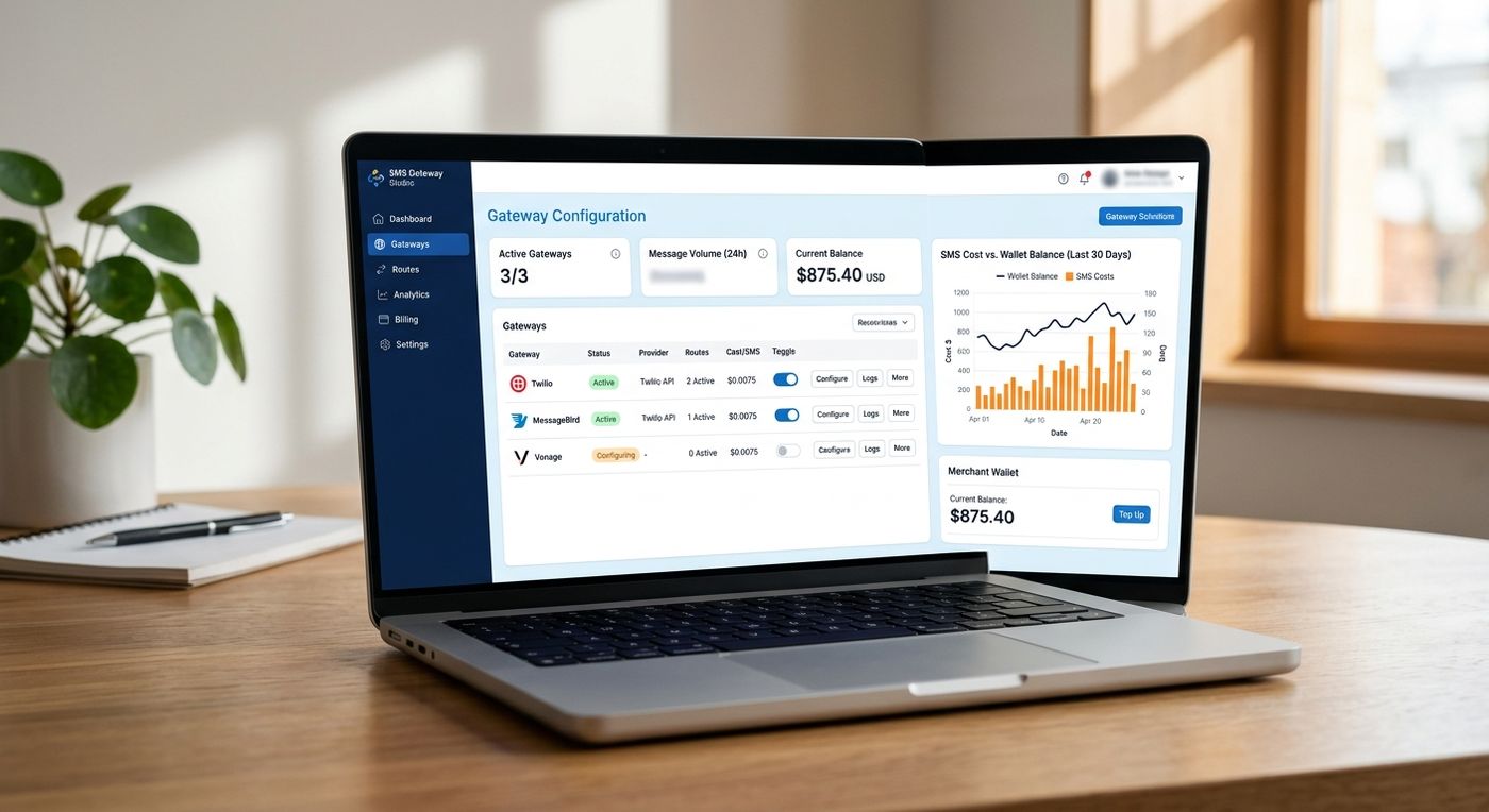 A sleek SaaS dashboard interface on a laptop showing SMS gateway configuration and operational cost tracking.