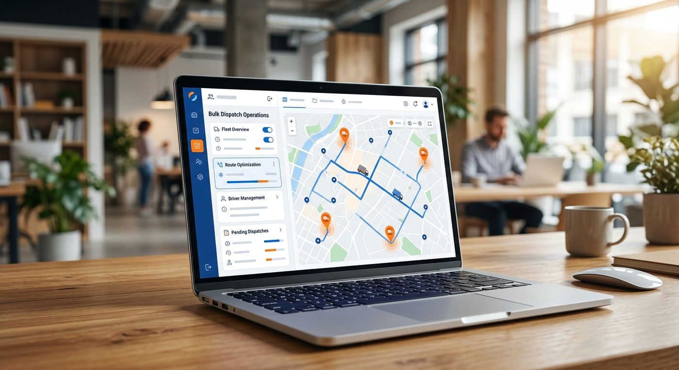 SaaS dashboard mockup showing real-time driver dispatch, route optimization map, and bulk order assignment controls.