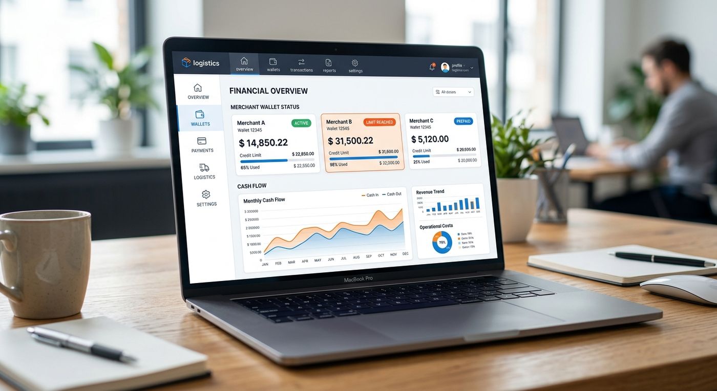 Shiprex SaaS dashboard showing merchant wallet balances, credit limit utilization, and real-time financial tracking for 3PLs.