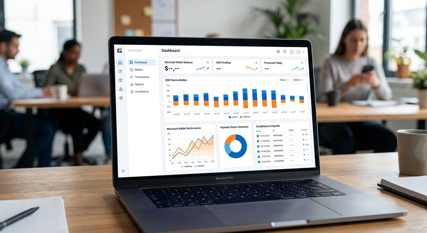 A modern SaaS product showcase showing a logistics ERP dashboard on a laptop with financial and compliance analytics.