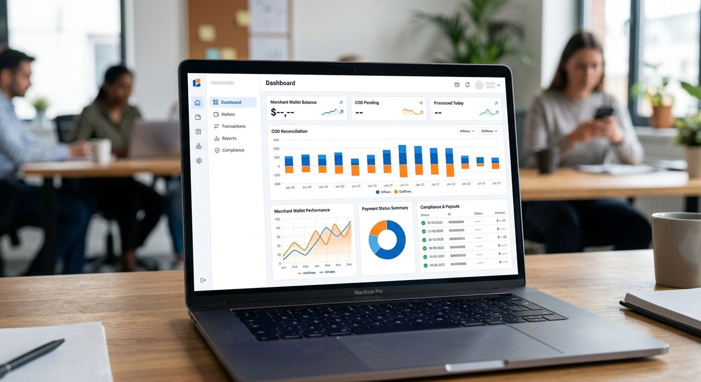 A modern SaaS product showcase showing a logistics ERP dashboard on a laptop with financial and compliance analytics.
