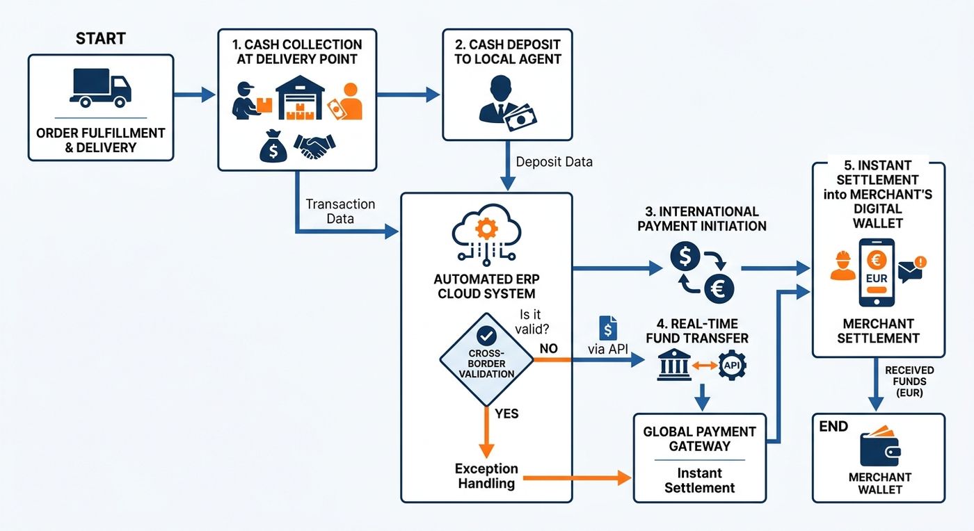 Flowchart diagram of a cross-border multi-currency COD reconciliation process between KSA and UAE.