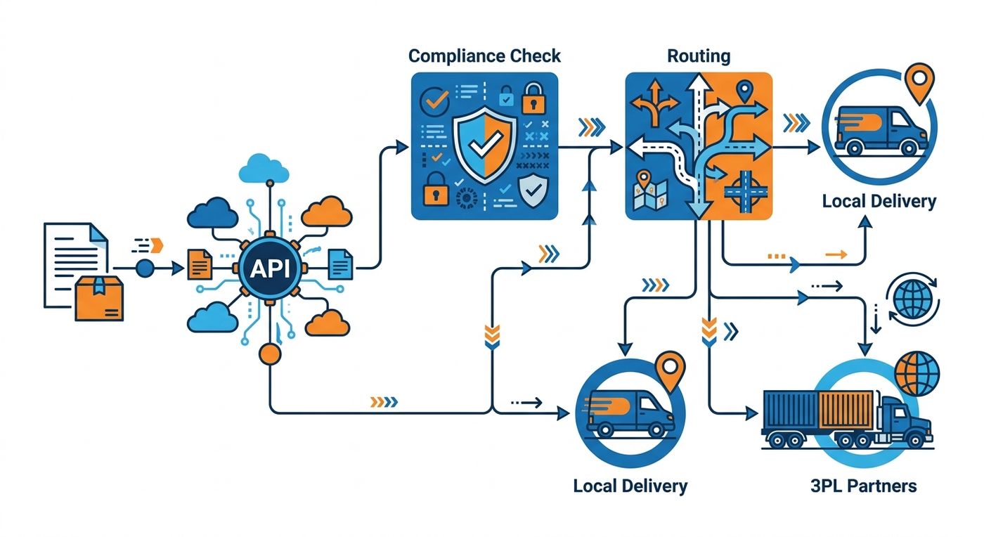 A technical flowchart diagram showing a multi-carrier shipping API routing process with compliance checks and carrier dispatching.