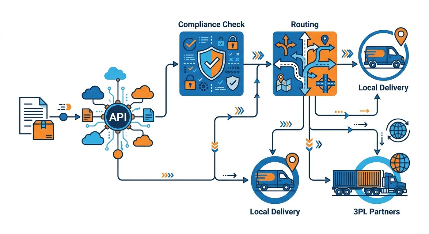 A technical flowchart diagram showing a multi-carrier shipping API routing process with compliance checks and carrier dispatching.