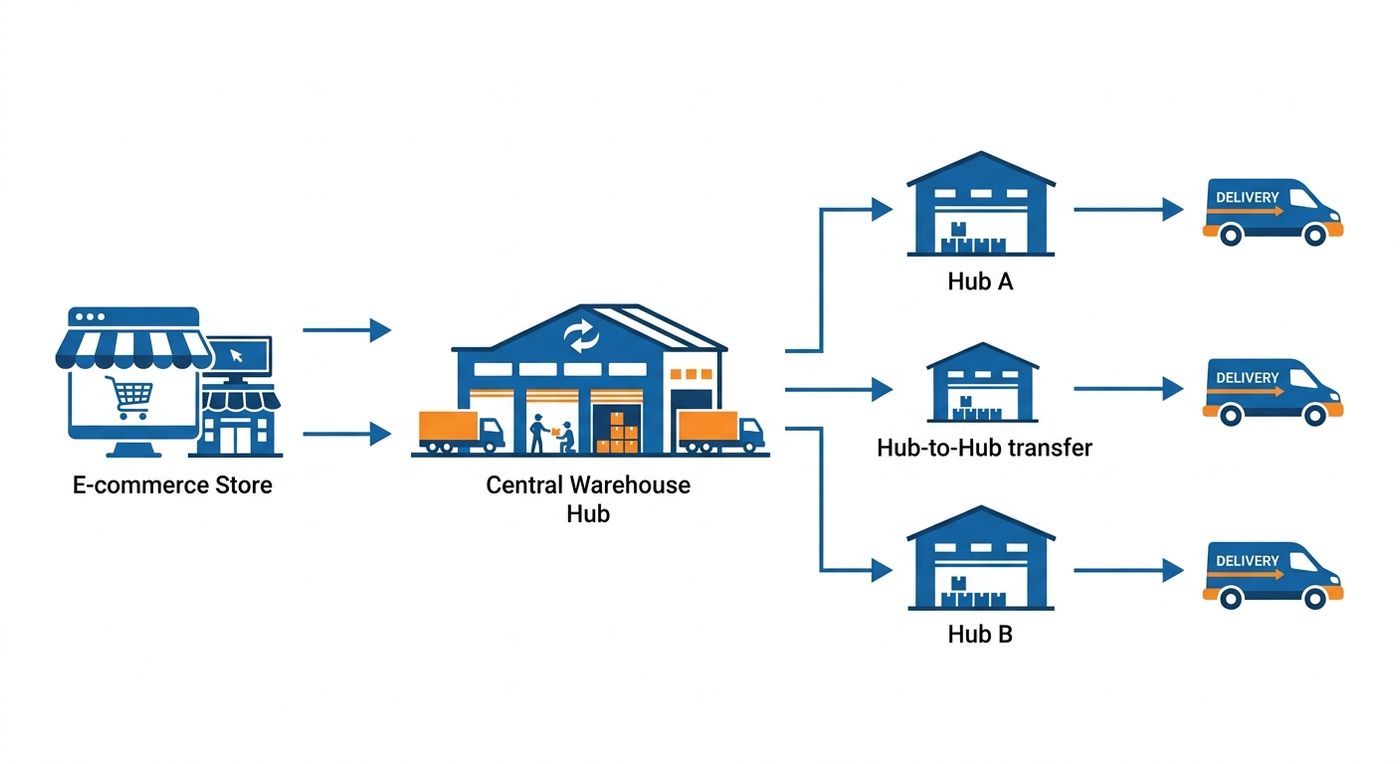 A technical logistics flowchart showing the order lifecycle from e-commerce integration to hub transfer and last-mile delivery.