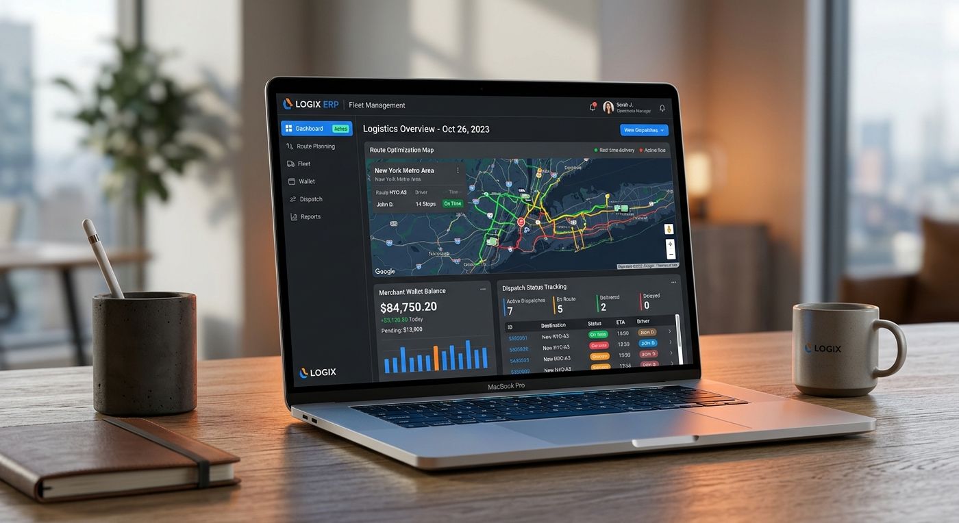 شاشة كمبيوتر محمول تعرض لوحة تحكم برنامج شيب ريكس لإدارة الشحن، وتوضح ميزات تحسين خطوط السير، وبوابة التجار، وتتبع عمليات الدفع عند الاستلام.