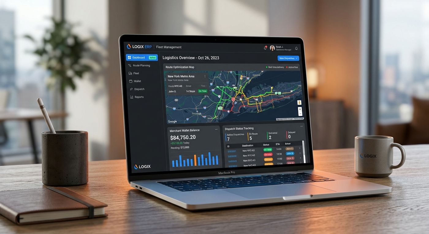 شاشة كمبيوتر محمول تعرض لوحة تحكم برنامج شيب ريكس لإدارة الشحن، وتوضح ميزات تحسين خطوط السير، وبوابة التجار، وتتبع عمليات الدفع عند الاستلام.