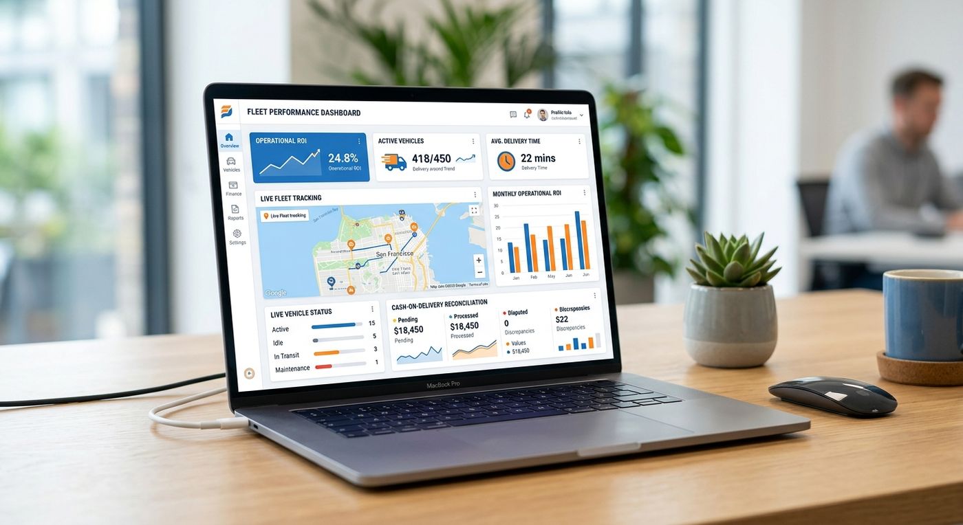 A modern SaaS product showcase of the Shiprex shipping company ERP dashboard on a laptop, displaying fleet management metrics, driver tracking, and COD reconciliation.