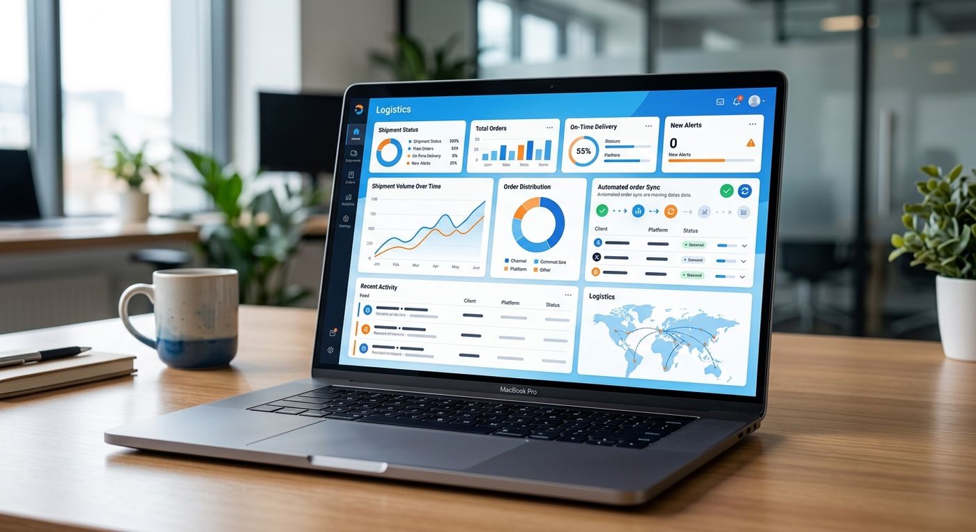 A modern SaaS dashboard mockup of Shiprex shipping ERP showing automated order synchronization and logistics metrics on a laptop screen.