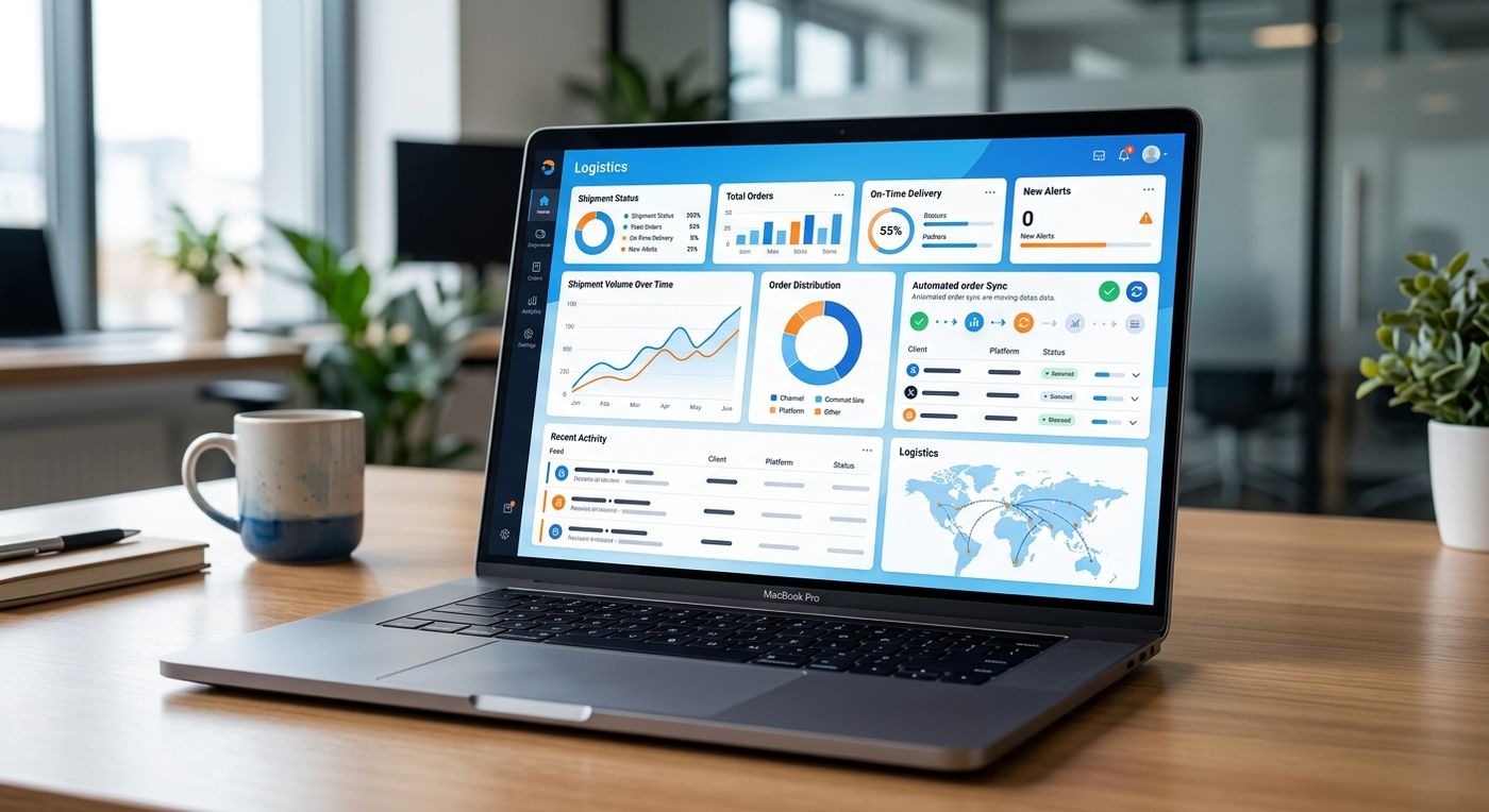 A modern SaaS dashboard mockup of Shiprex shipping ERP showing automated order synchronization and logistics metrics on a laptop screen.