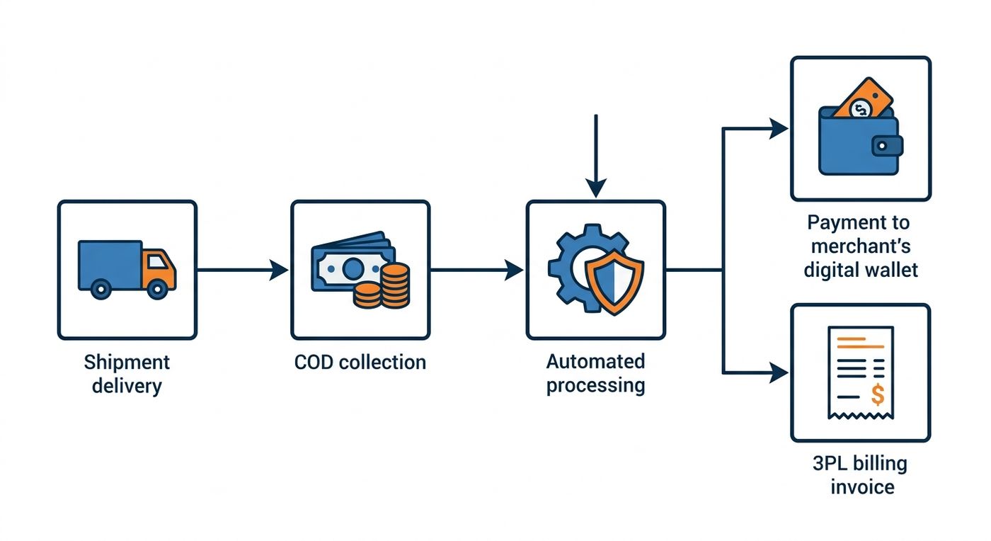 A technical flowchart diagram showing the automated process of COD collection, real-time reconciliation, and merchant wallet updates in a 3PL billing system.