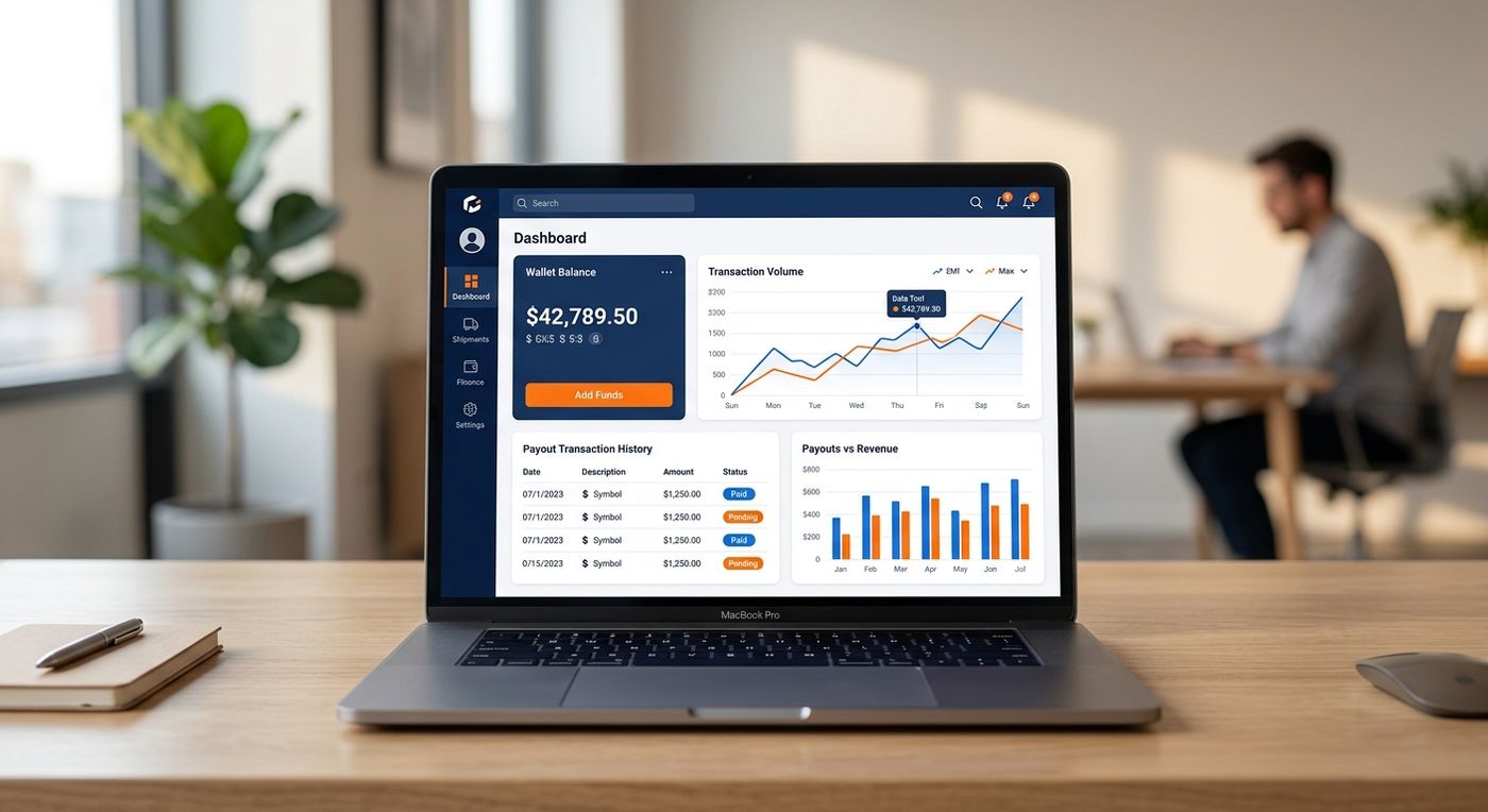 A polished product showcase of a white-label shipping ERP dashboard displaying merchant wallet balances and real-time COD transaction logs.