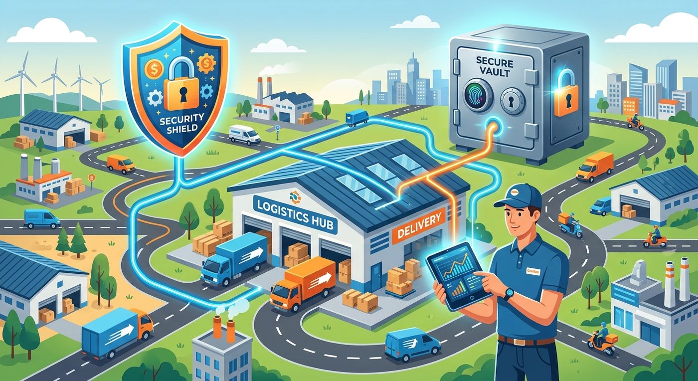 A flat editorial illustration depicting secure real-time financial control and instant COD reconciliation in logistics.
