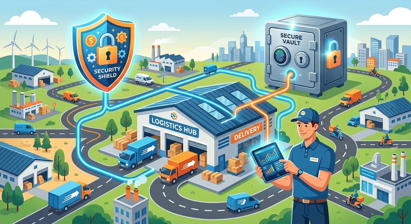A flat editorial illustration depicting secure real-time financial control and instant COD reconciliation in logistics.