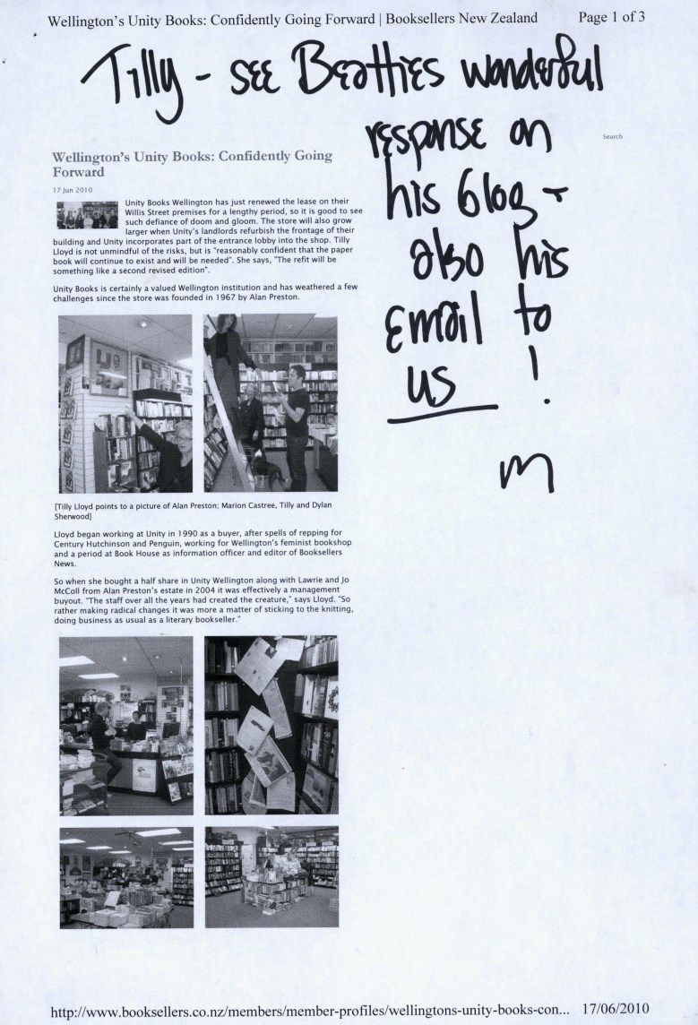 “Wellington’s Unity Books: Confidently Going Forward”‘, Beatties Book Blog, 17 June 2010