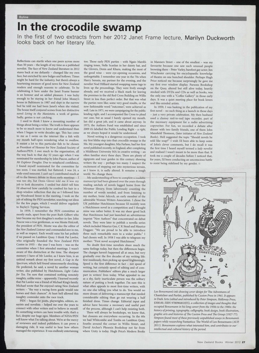 “In the crocodile swamp”, New Zealand Books, Winter 2012