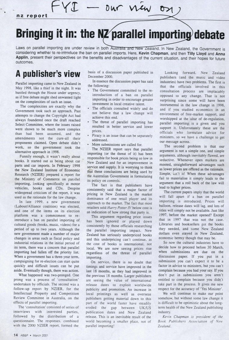 “Bringing it in: the NZ parallel importing debate”, AB&P, March 2001