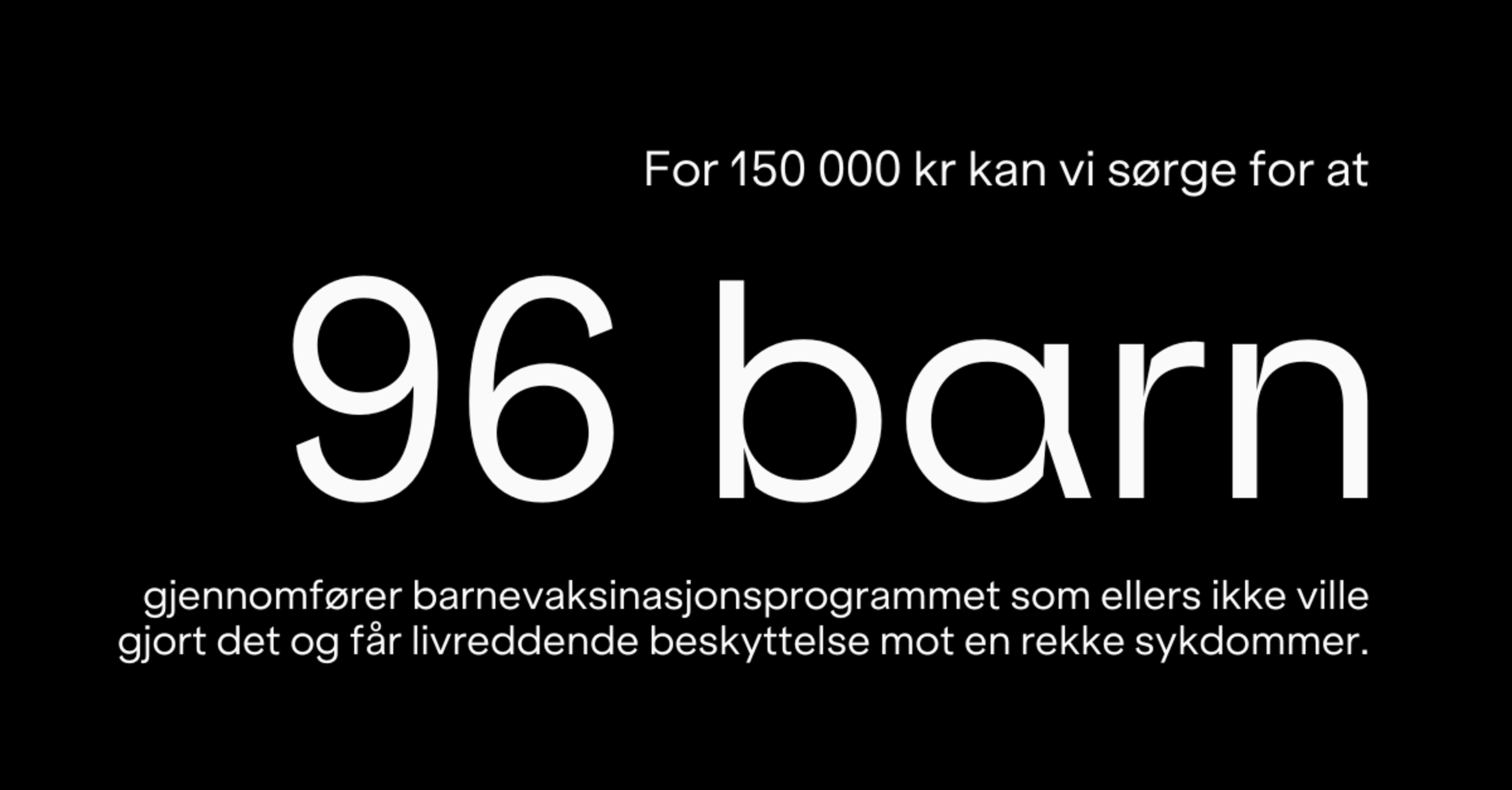 For 150000 kr kan vi sørge for at 96 barn gjennomfører barnevaksinasjonsprogrammet som ellers ikke ville gjort det og får livreddende beskyttelse mot en rekke sykdommer.