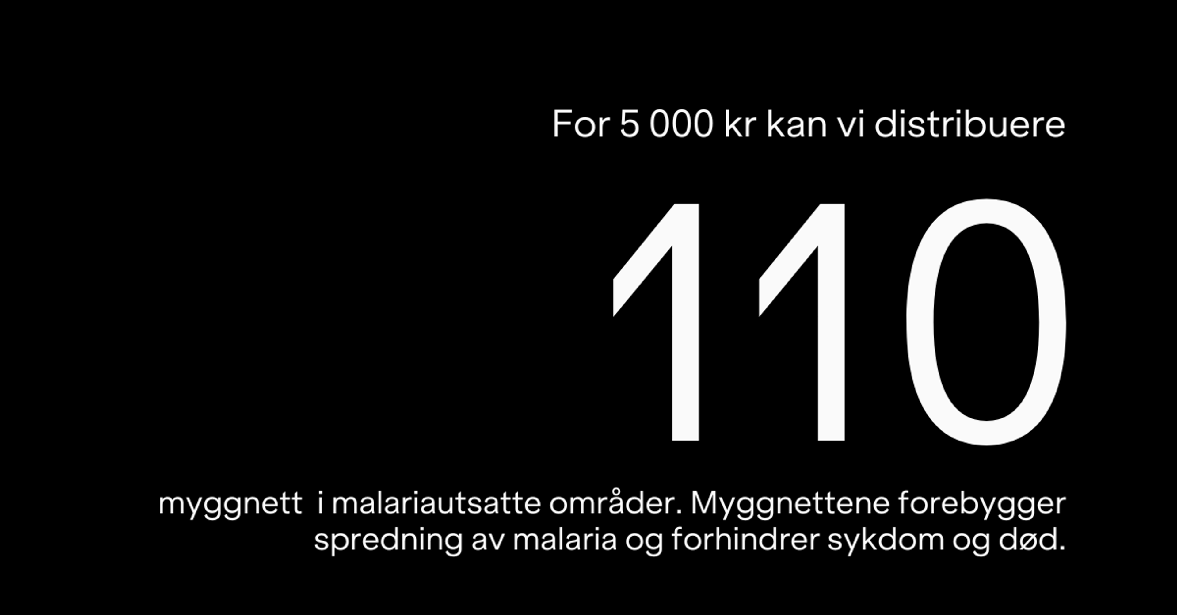 For 5000 kr kan vi distribuere 110 myggnett  i malariautsatte områder. Myggnettene forebygger spredning av malaria og forhindrer sykdom og død.