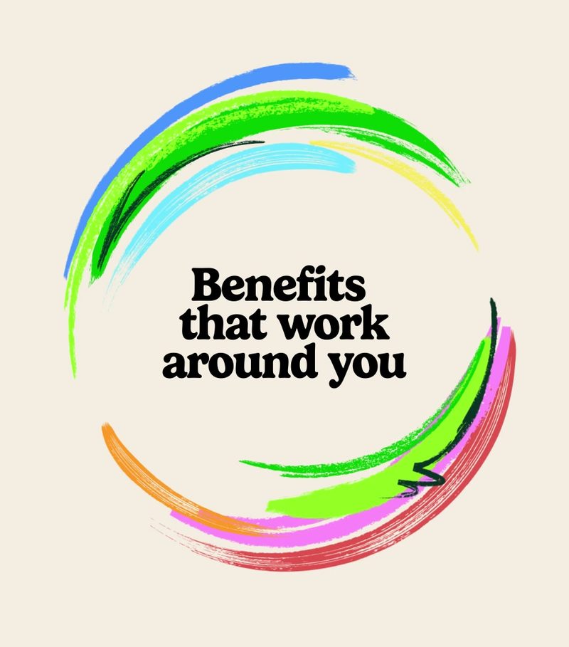 Benifex Art Direction: Benefits tagline with colorful brushstrokes, 2026 rebrand by For Different