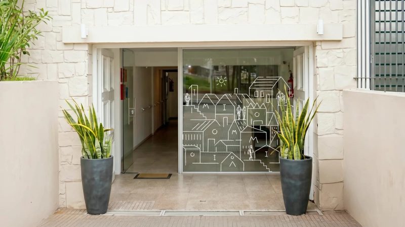 Entrance glass with village vinyl