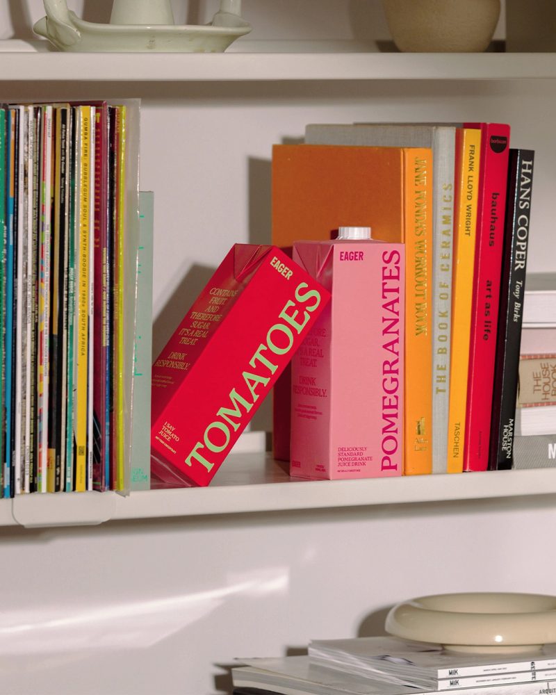 Cartons on a bookshelf