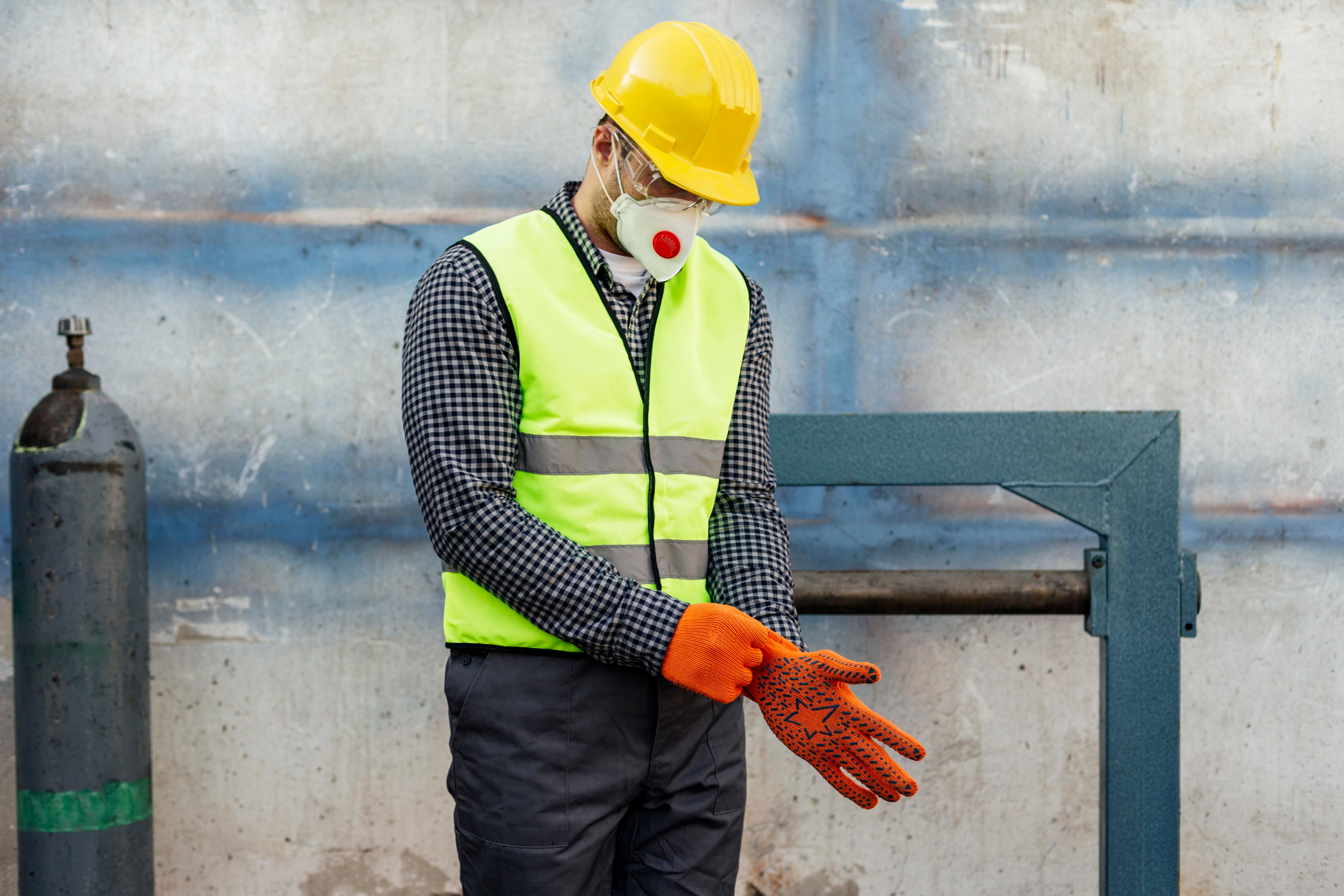 Mining employee putting on gloves