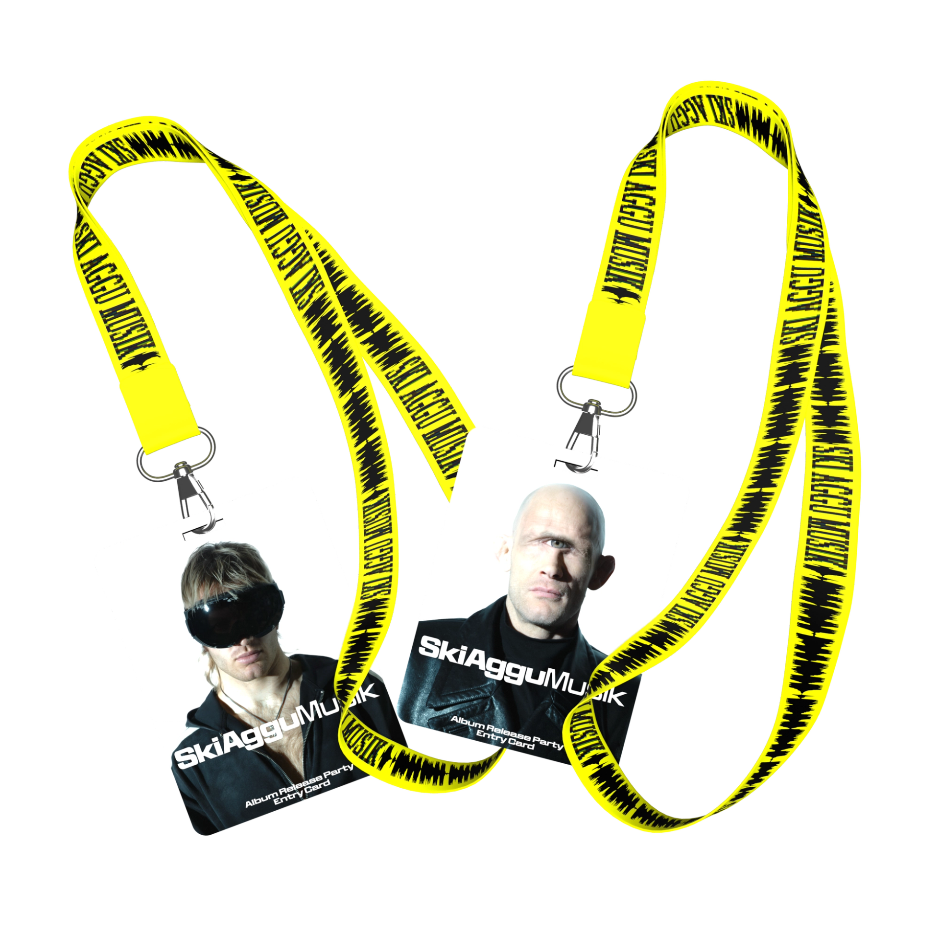 Two SkiAgguMusik portrait passes hanging from yellow lanyards with black lettering.