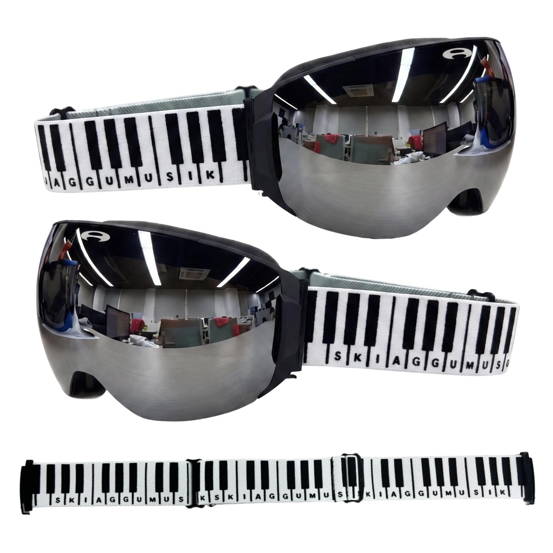Mirrored ski goggles shown from two angles, with black-and-white piano-key straps.