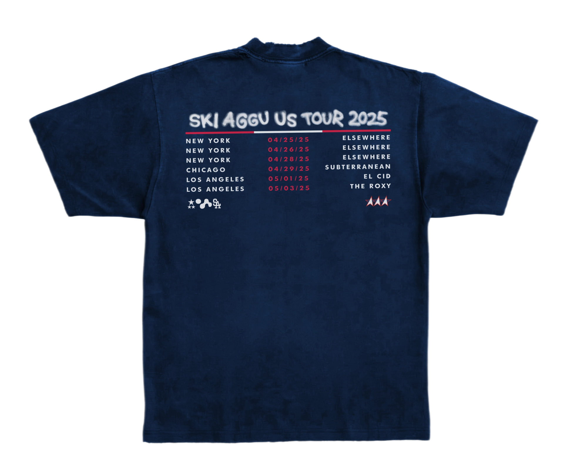 Back of the navy T-shirt: "SKI AGGU US TOUR 2025" above six dates in New York, Chicago and Los Angeles.