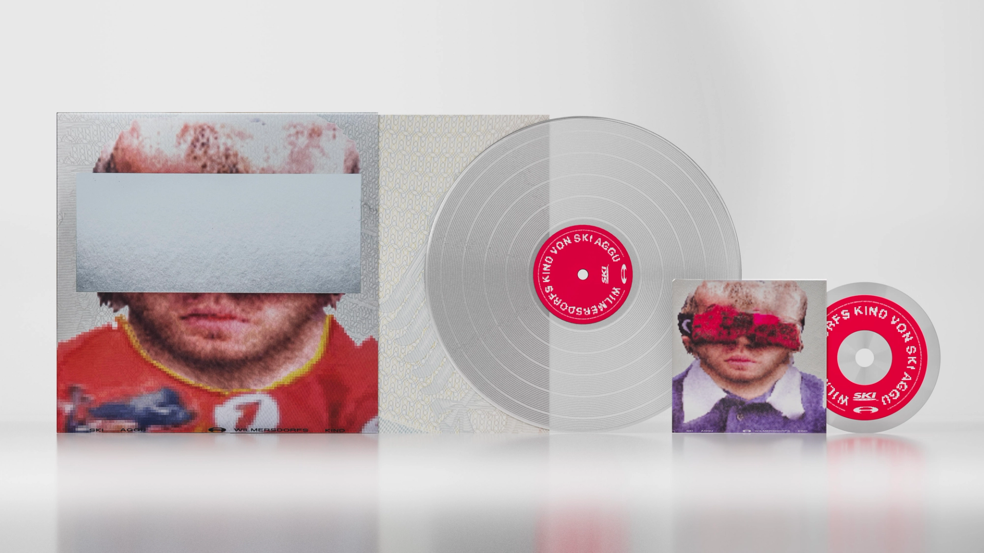 Wilmersdorfs Kind vinyl and CD packaging with distorted portrait artwork, a transparent record and red disc labels.