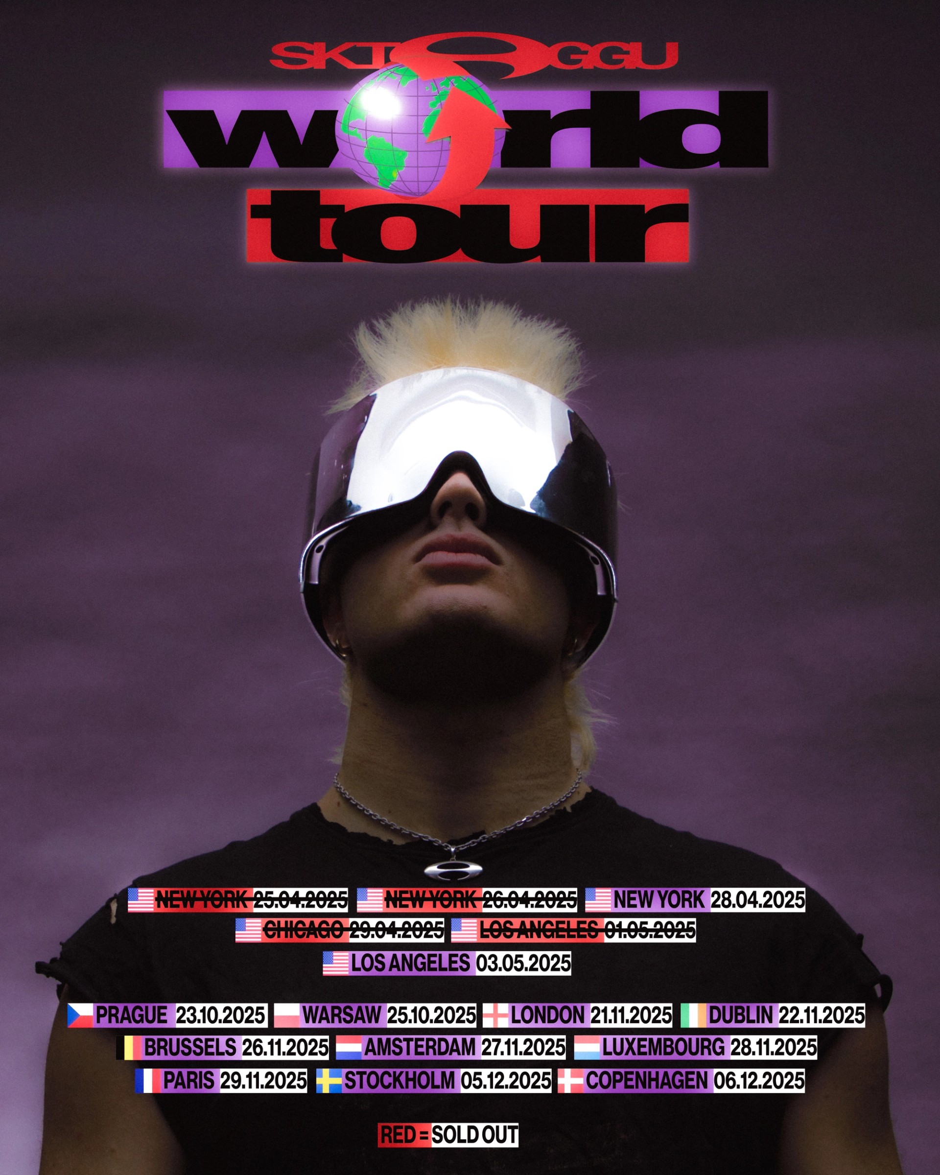 Ski Aggu's 2025 world tour poster: the logo above the artist in a mirrored visor, sixteen dates from New York to Copenhagen, sold-out ones struck through.