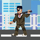 Yakuza enemy in a dark suit on the city road with his fist raised, pale blue skyscrapers behind him.