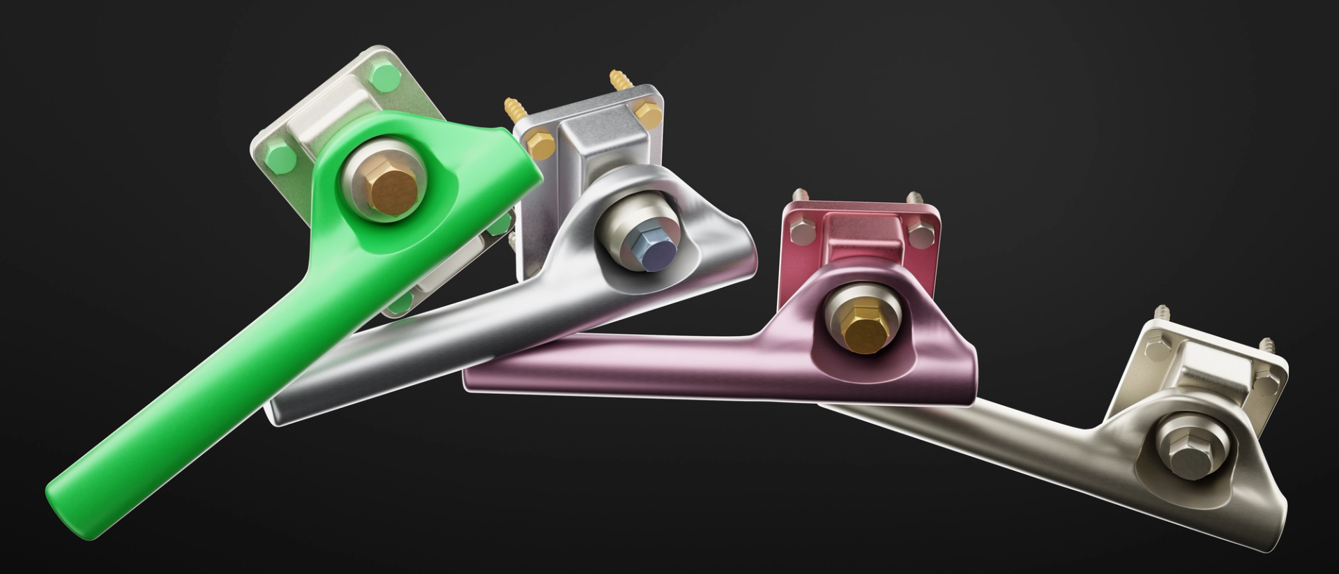 Overlapping row of four door handles from the showcase, the green one in front, each with exposed bolts and screws on its mounting plate.