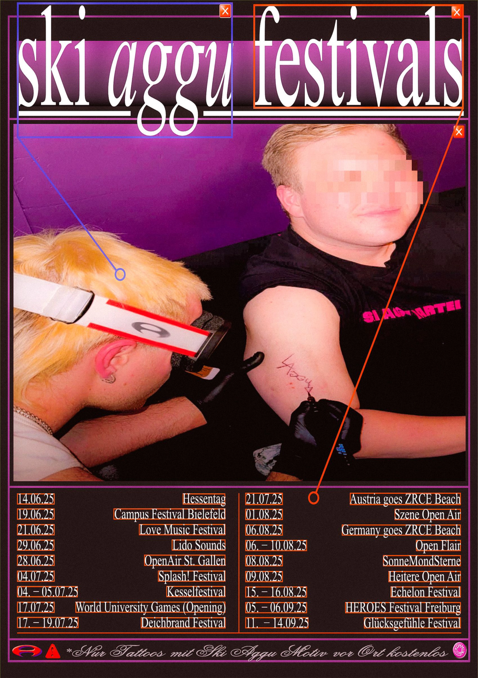Festival poster headed "ski aggu festivals": a blond person in ski goggles tattoos a fan's upper arm, above eighteen festival dates from June to September 2025.