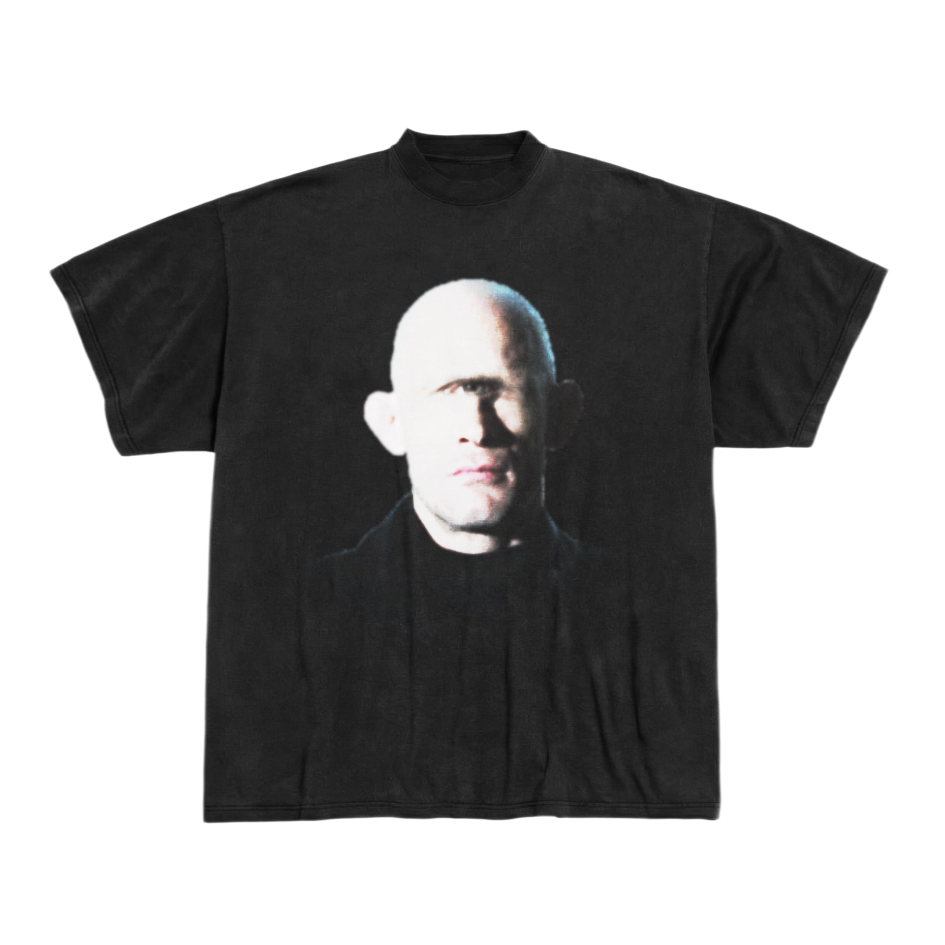 Black T-shirt with a large, starkly lit portrait printed on the front.