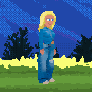 Blonde player character in her blue tracksuit standing in the meadow level, in front of dark trees and a blue sky.
