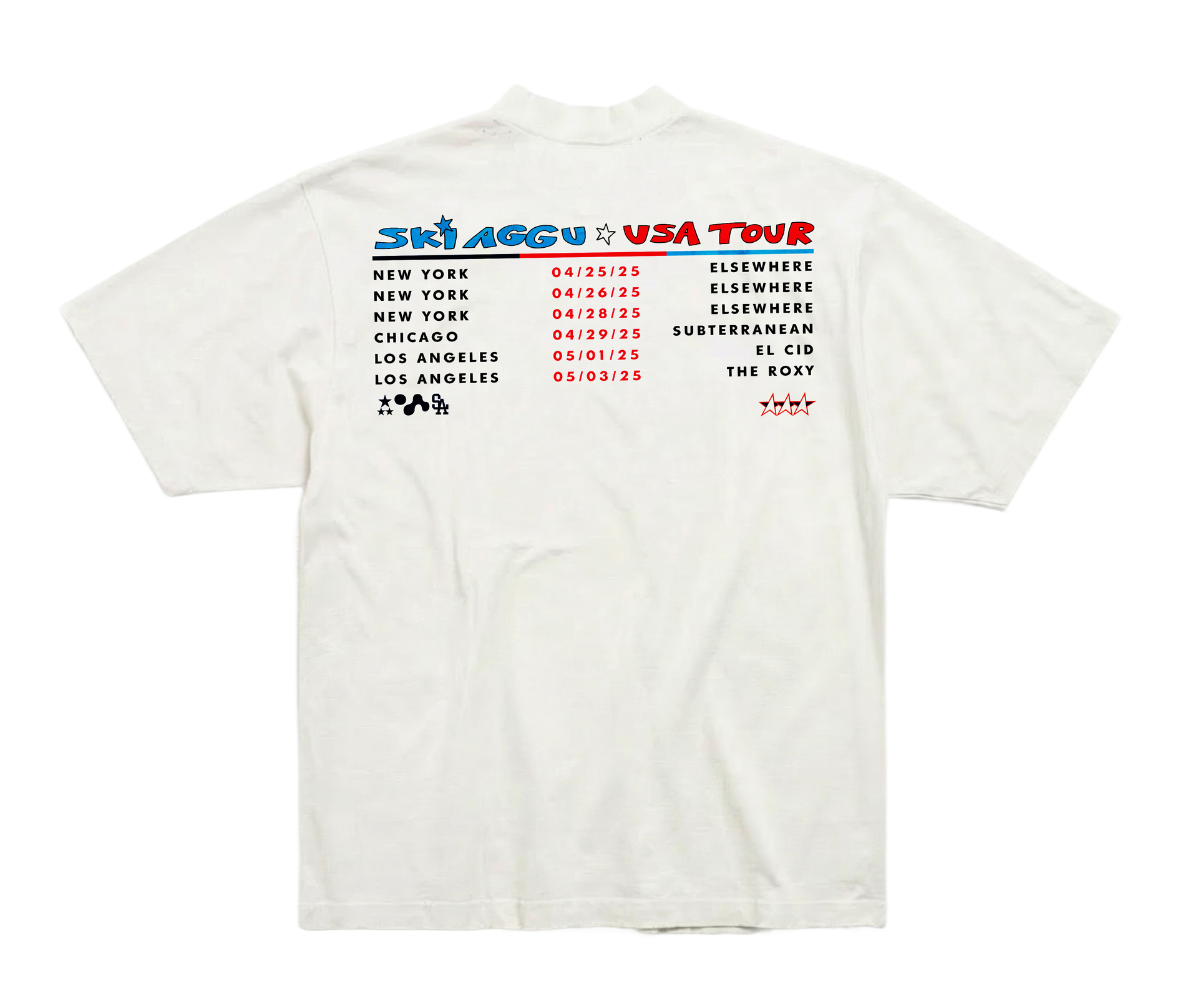 Back of the white T-shirt: "SKI AGGU USA TOUR" in blue and red above the six dates and venues, from Elsewhere to The Roxy.