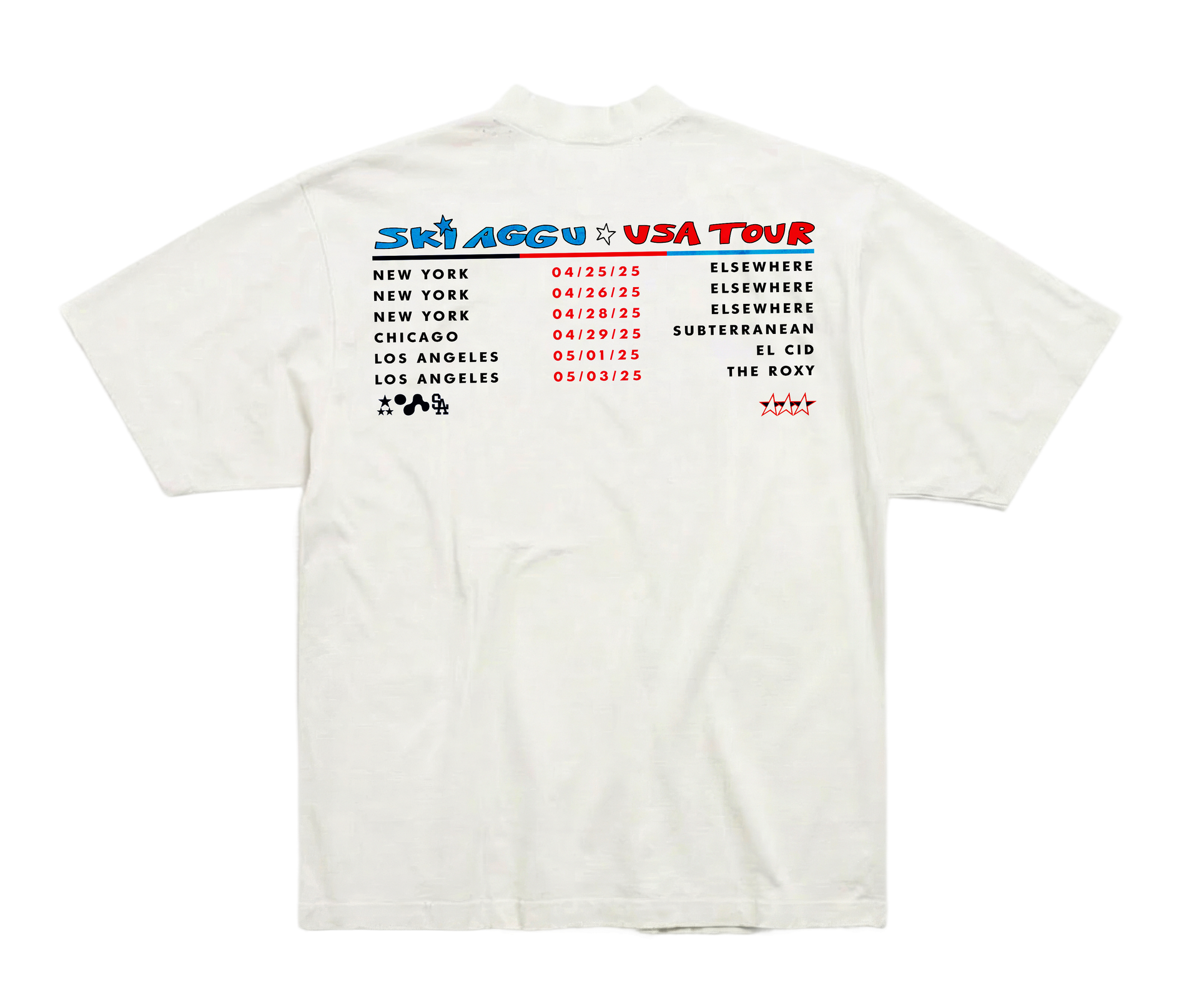 Back of the white T-shirt: "SKI AGGU USA TOUR" in blue and red above the six dates and venues, from Elsewhere to The Roxy.
