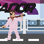 Pale-suited yakuza enemy tipping backwards on the city road, in front of the Pegador billboard.