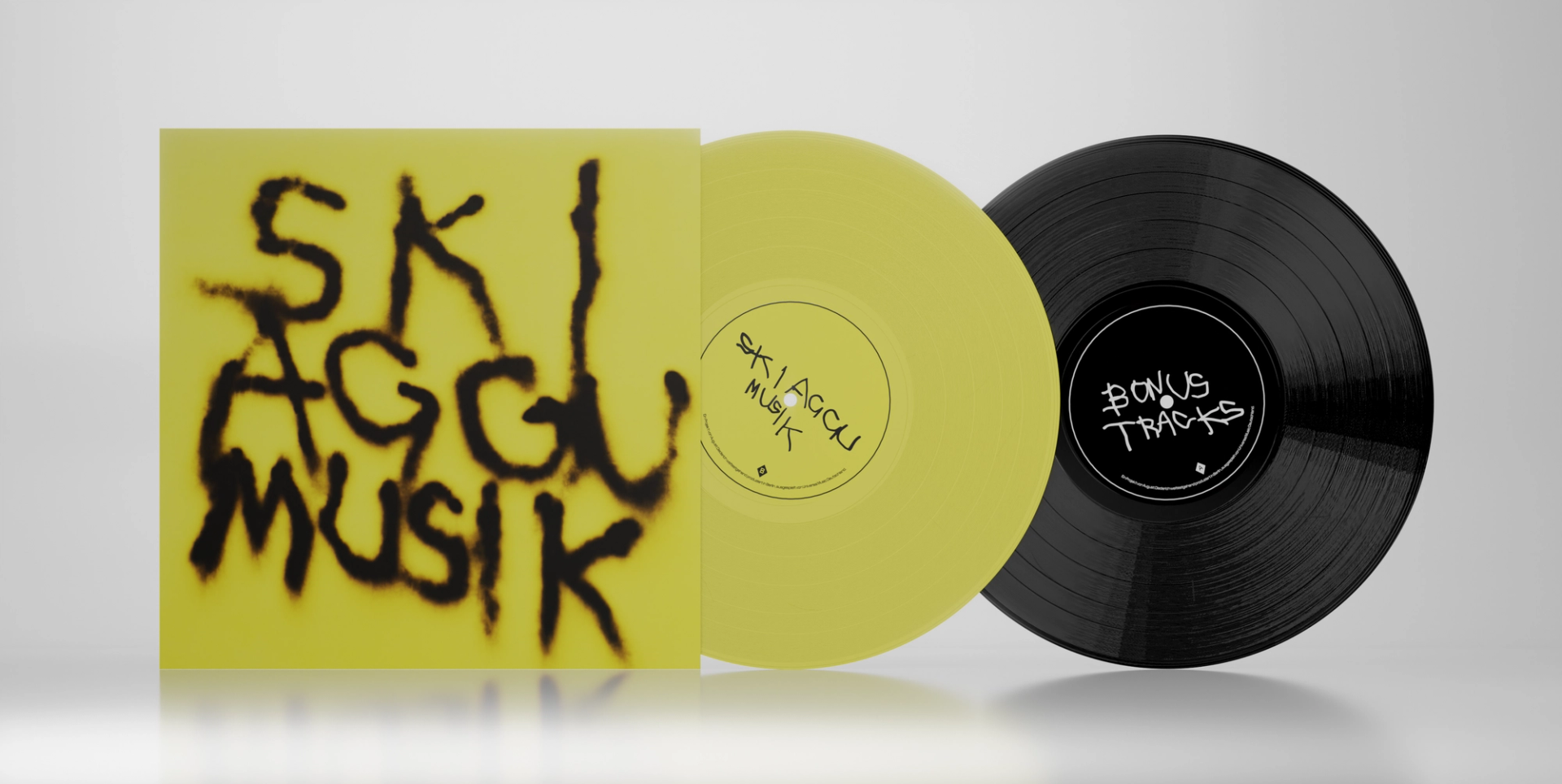 Yellow SkiAgguMusik sleeve with black handwritten lettering beside yellow and black vinyl records.